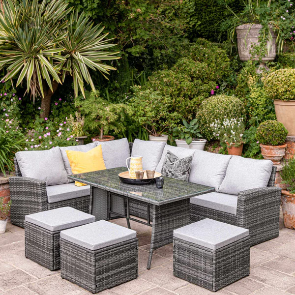 Aston Rattan Corner Sofa Set - Grey LED Cantilever Parasol - 9 Seater - Grey