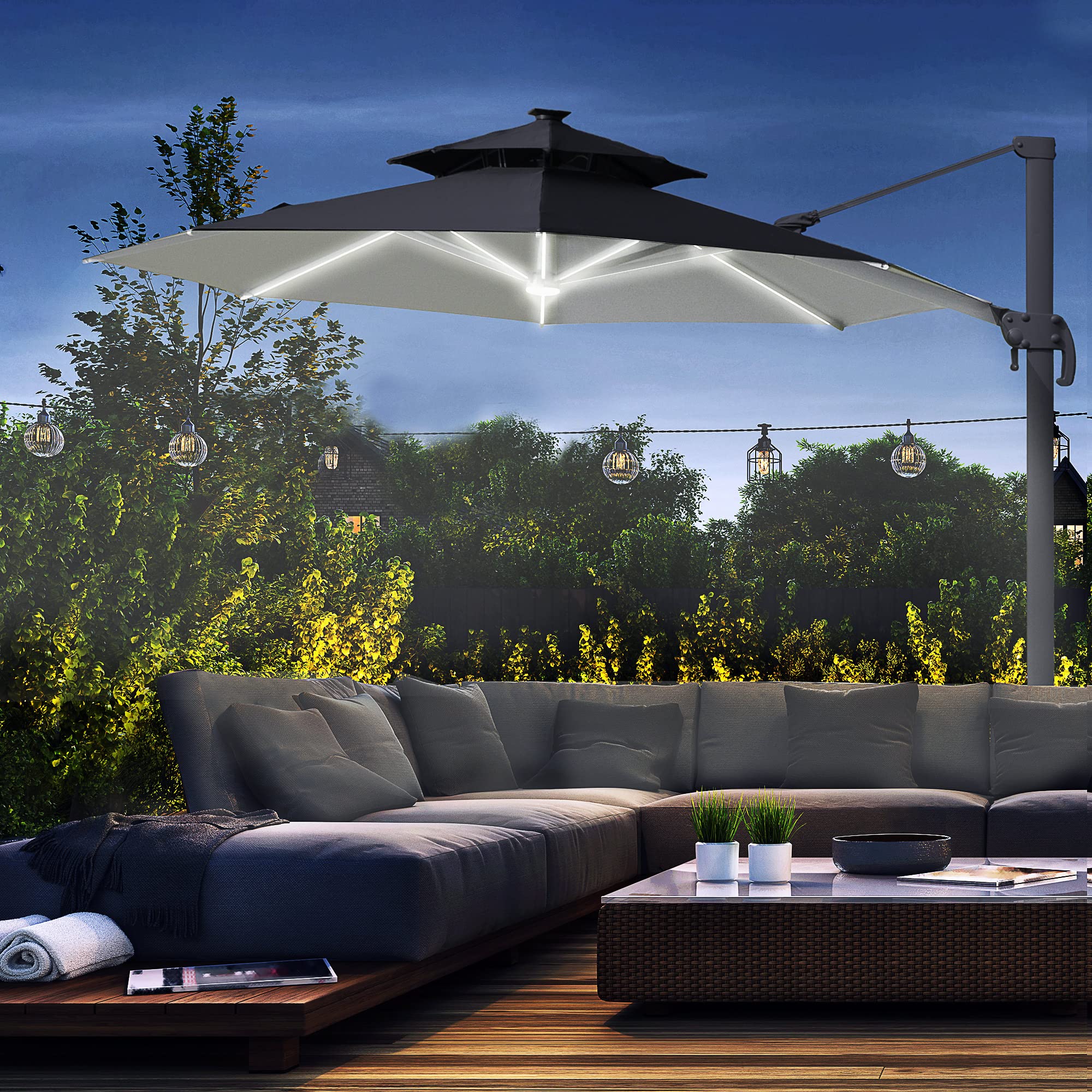 Outsunny 3(m) Cantilever Roma Parasol with LED Solar Lights, Crank & Tilt, Aluminium Frame, Cross Base and Adjustable Canopy 360° Rotating Sun Umbrella with 2-Tier Shade