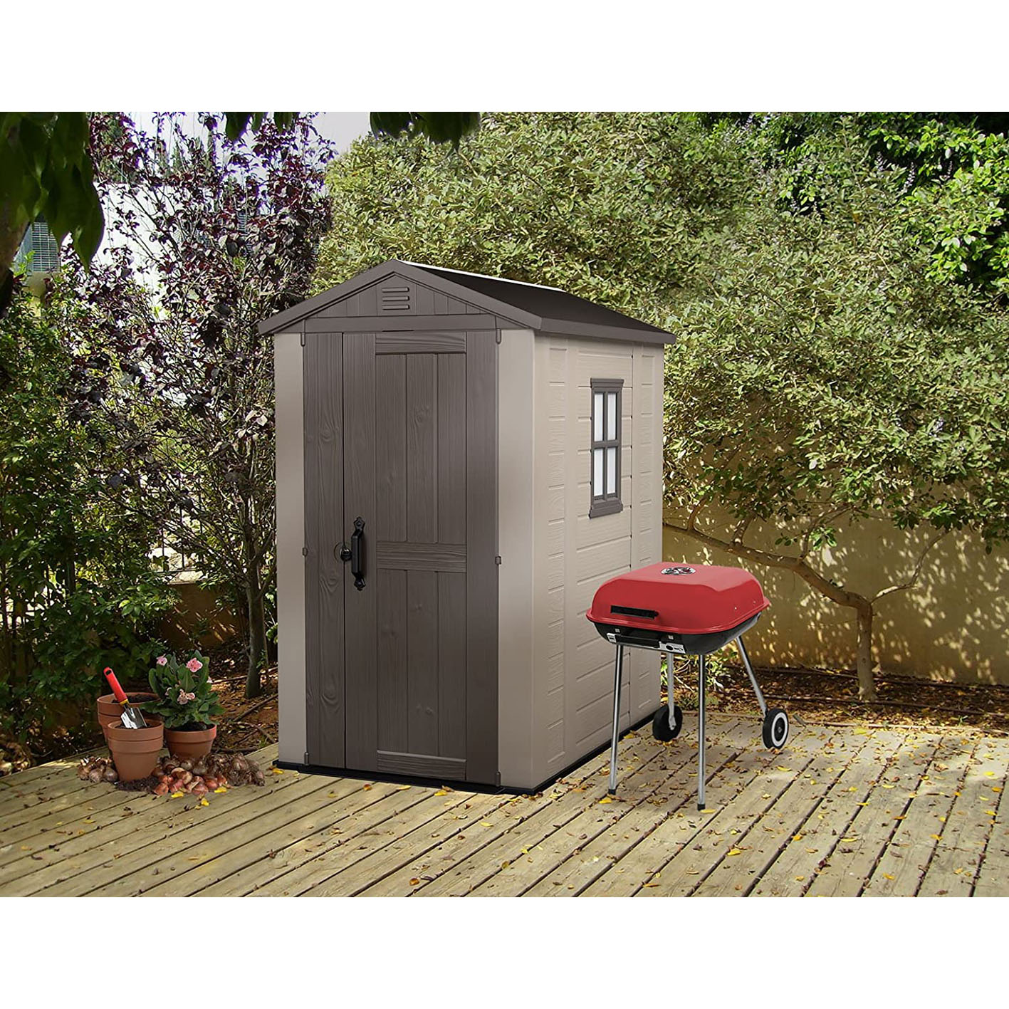 Keter Factor 4x6 Outdoor Storage Shed | Shop Patio Furniture, Garden Tools, Bicycle Accessories, Beach Chairs or Lawnmowers | Taupe & Brown