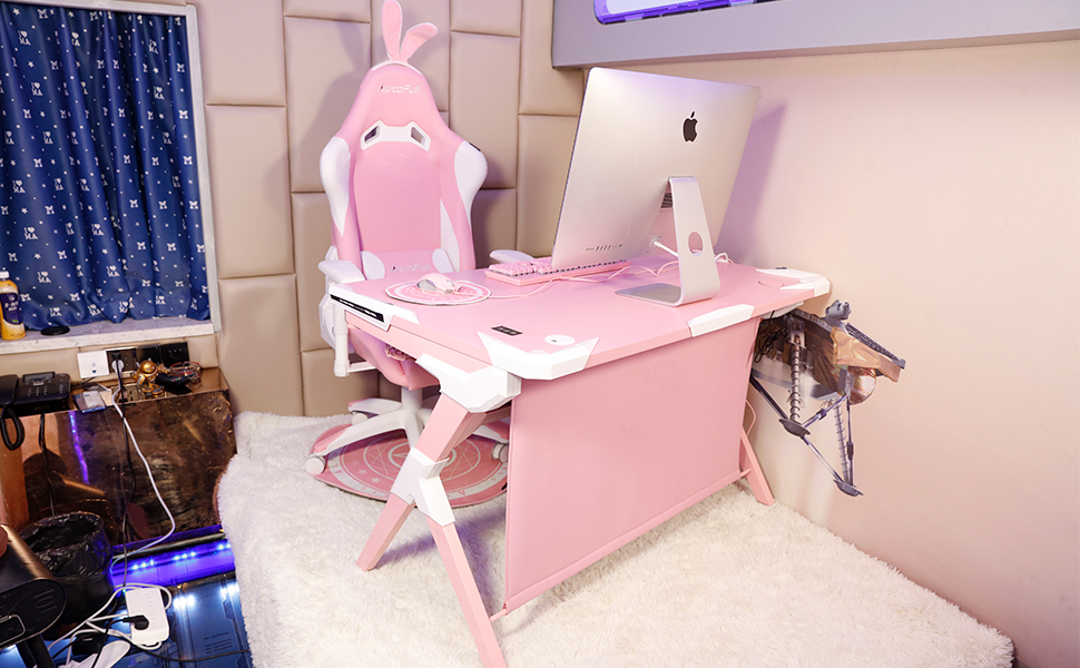 Pink Ergonomic Large Gaming Table 48 Inch Cute Computer Desk, Computer Chair with Smart Built-in Wireless Charging Pad Gaming Table Pro with 7 Colors LED Lights