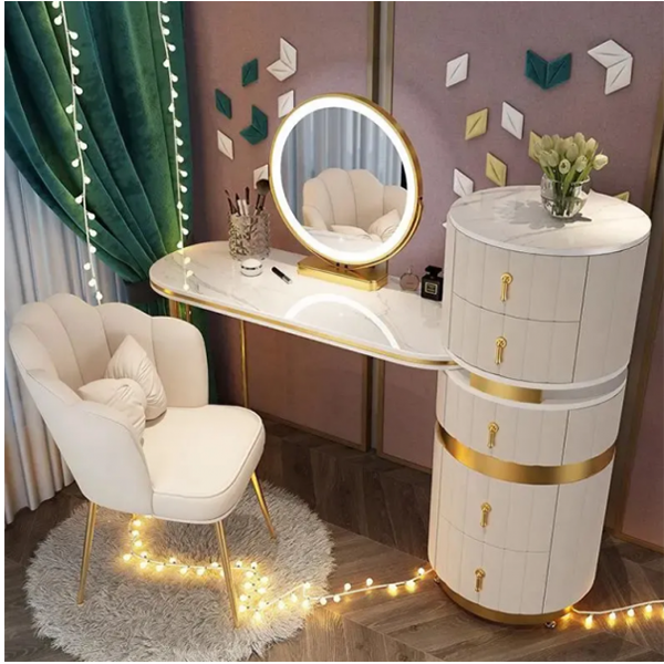 【Furniture】【BS】Dressing Table Set with Round Mirror 2 Large Drawers with Round Sliding Rails Padded Stool