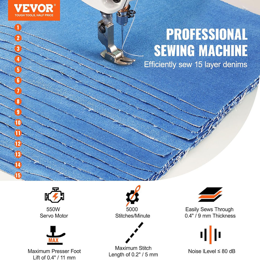 VEVOR Industrial Sewing Machine, 5000s.p.m Heavy-duty Lockstitch Sewing Machine