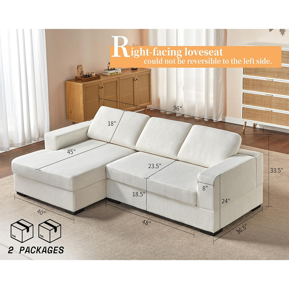 AMERLIFE Oversized Sectional Sofa, Large Double Chaise Couch, Comfy Sofa Couch with Left Chaise, White Corduroy Sofa