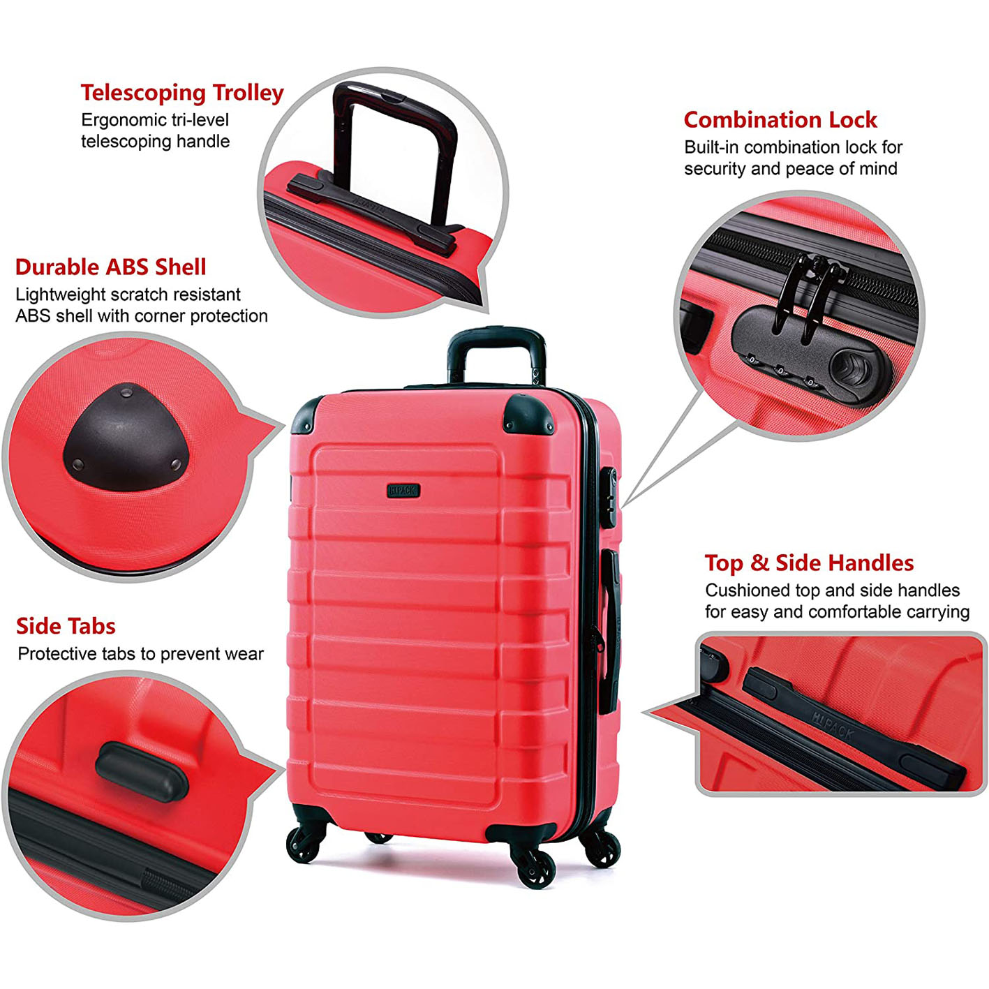 Hipack Prime Suitcases Hardside Luggage with Spinner Wheels, Red, 3-Piece Set (20/24/28)
