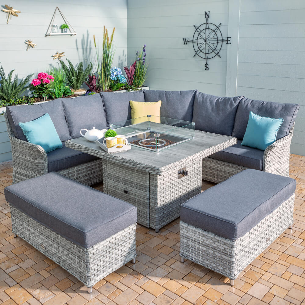 Hartman Heritage Grand Square Tuscan Casual Dining Set with Fire Pit Table – Ash/Slate