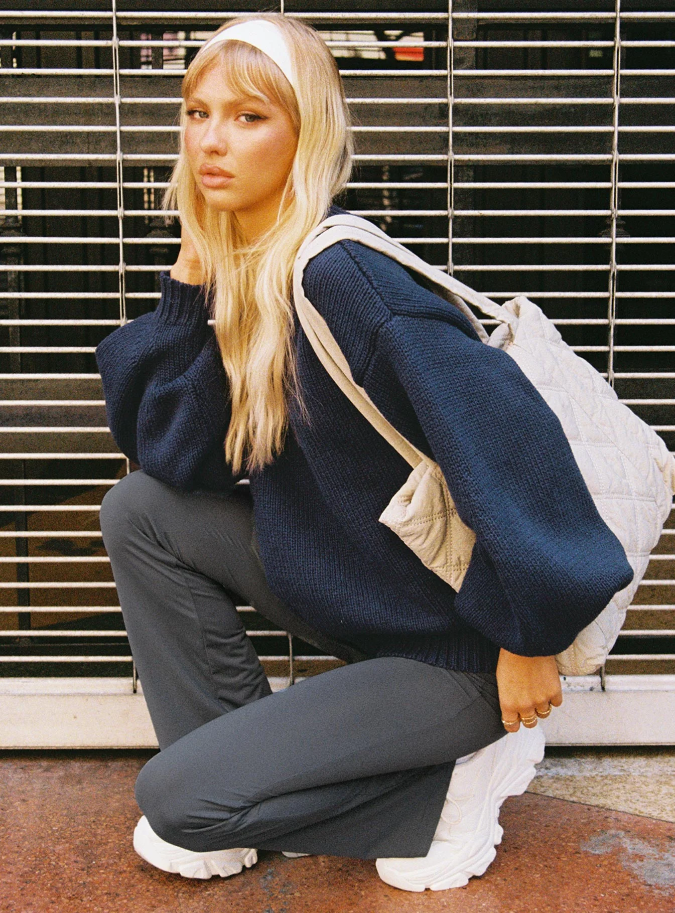 Harmony Balloon Sleeve Knit Sweater Navy