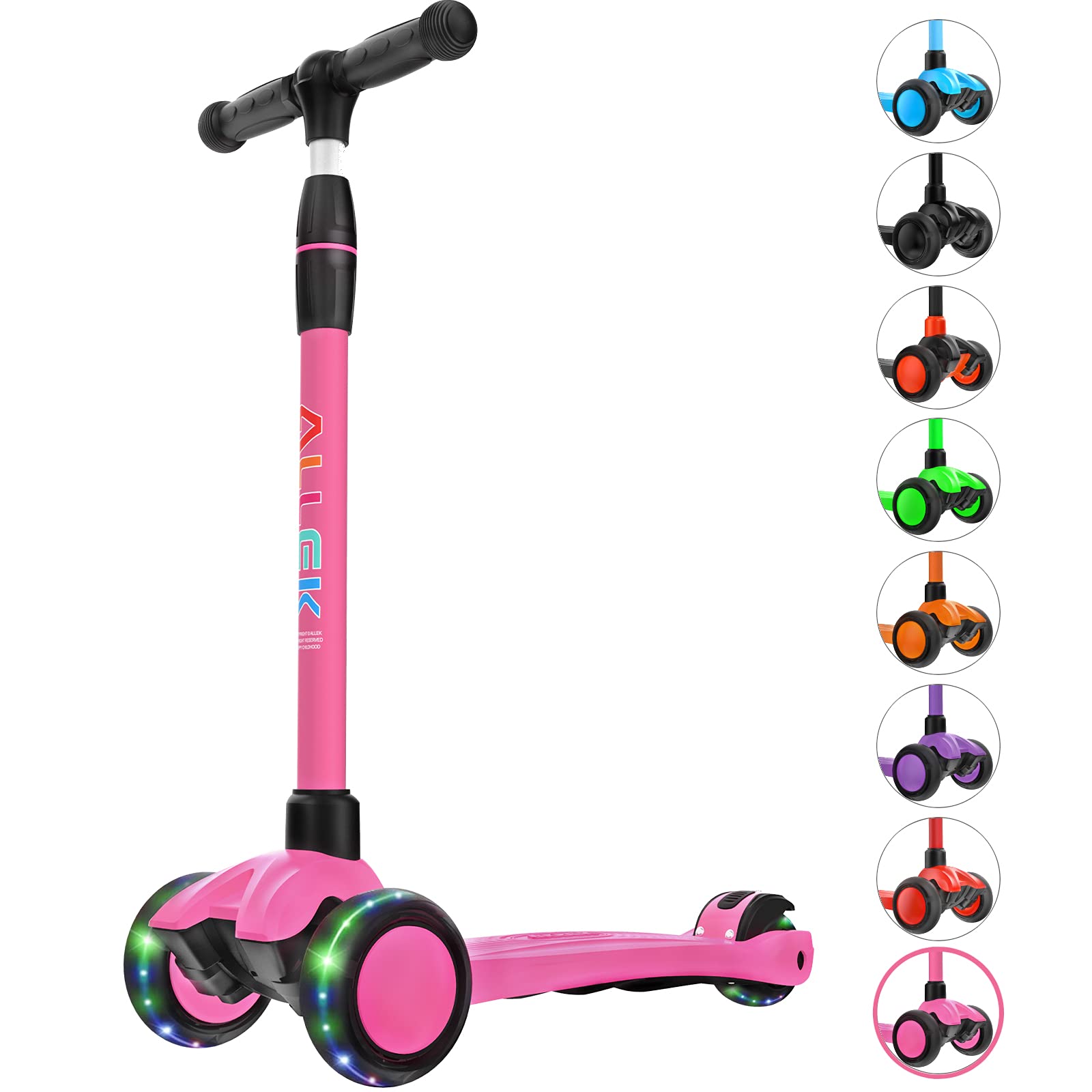Allek Kick Scooter B03, Lean 'N Glide 3-Wheeled Push Scooter with Extra Wide PU Light-Up Wheels, Any Height Adjustable Handlebar and Strong Thick Deck for Children from 3-12yrs (Rose Pink)