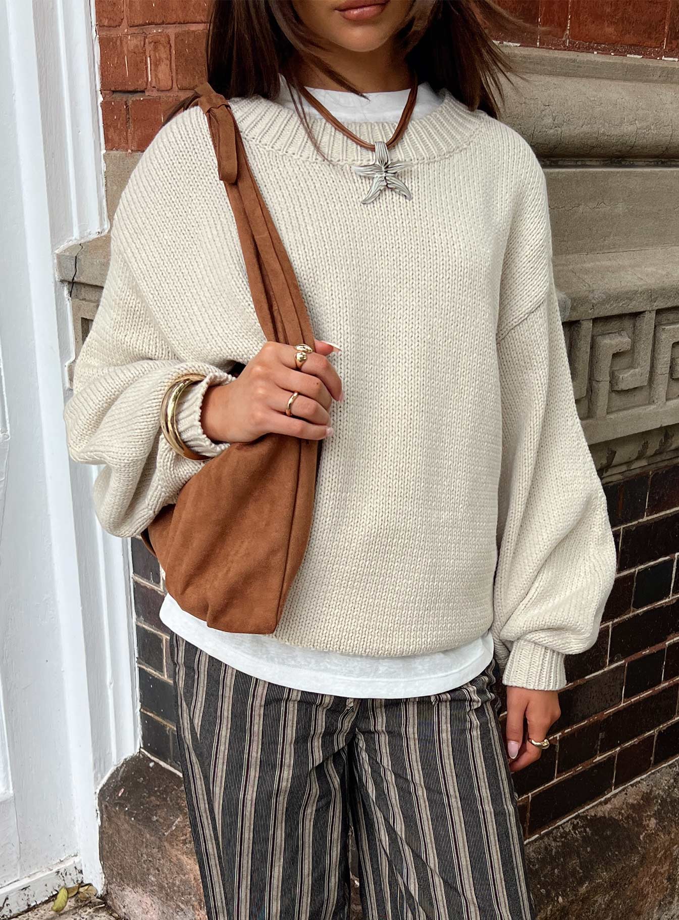 Harmony Balloon Sleeve Knit Sweater Beige