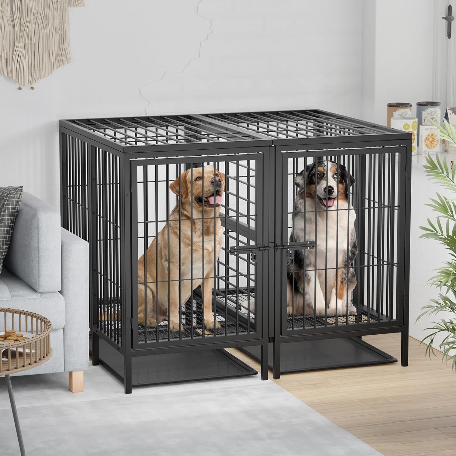 52 Inch Extra Large Huge Metal Pet Cage with Removable Divider Panel - Indoor Higher Inner Space Doggy Playpen Kennel with Two Doors and Trays for Small Medium Large Dogs